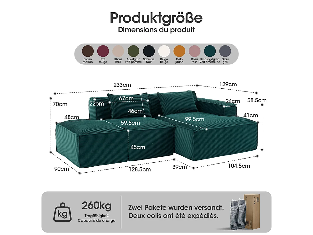 Stoffen bank 235 cm Compact met kussens en veren In zakken, comfortabel en modern