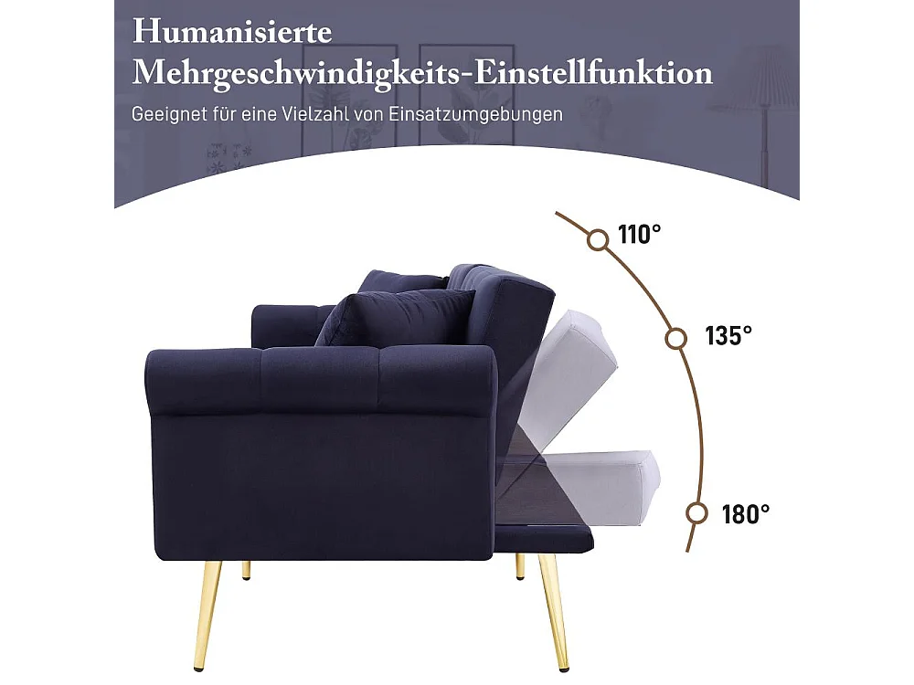 Zweisitzer-Samtsofa im modernen Stil – verstellbare Rückenlehne, goldene Beine, umwandelbar in ein Bett