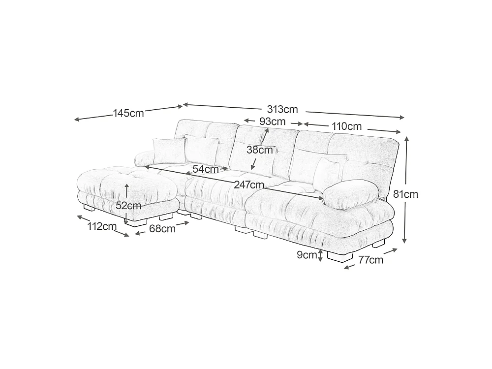 Divan modulaire en L XXL – Canapé modulable profond avec pouf mobile, convertible en lit pour salon, confort extrême et design élégant