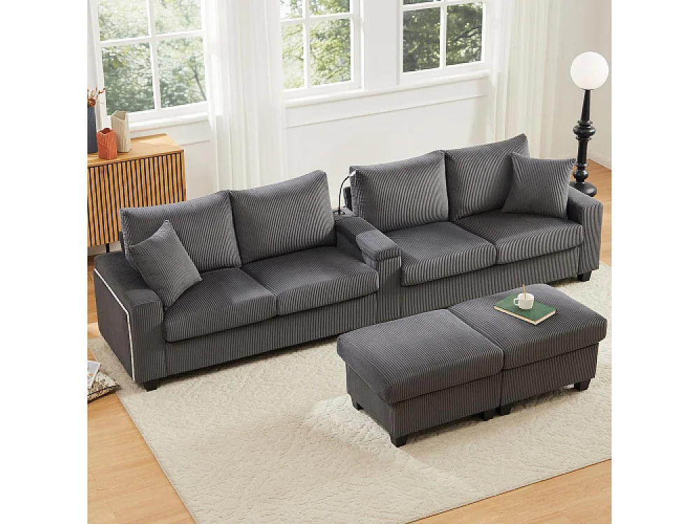 U-förmiges Samtsofa mit Ottomanen, LED, USB-/Typ-C-Anschlüssen, Leselampe und Multifunktionsspeicher