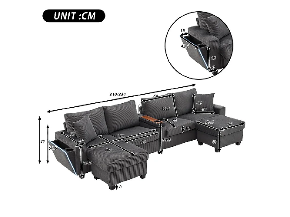 U-förmiges Samtsofa mit Ottomanen, LED, USB-/Typ-C-Anschlüssen, Leselampe und Multifunktionsspeicher
