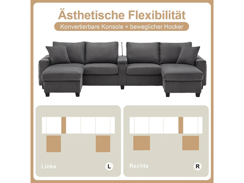 U-förmiges Samtsofa mit Ottomanen, LED, USB-/Typ-C-Anschlüssen, Leselampe und Multifunktionsspeicher