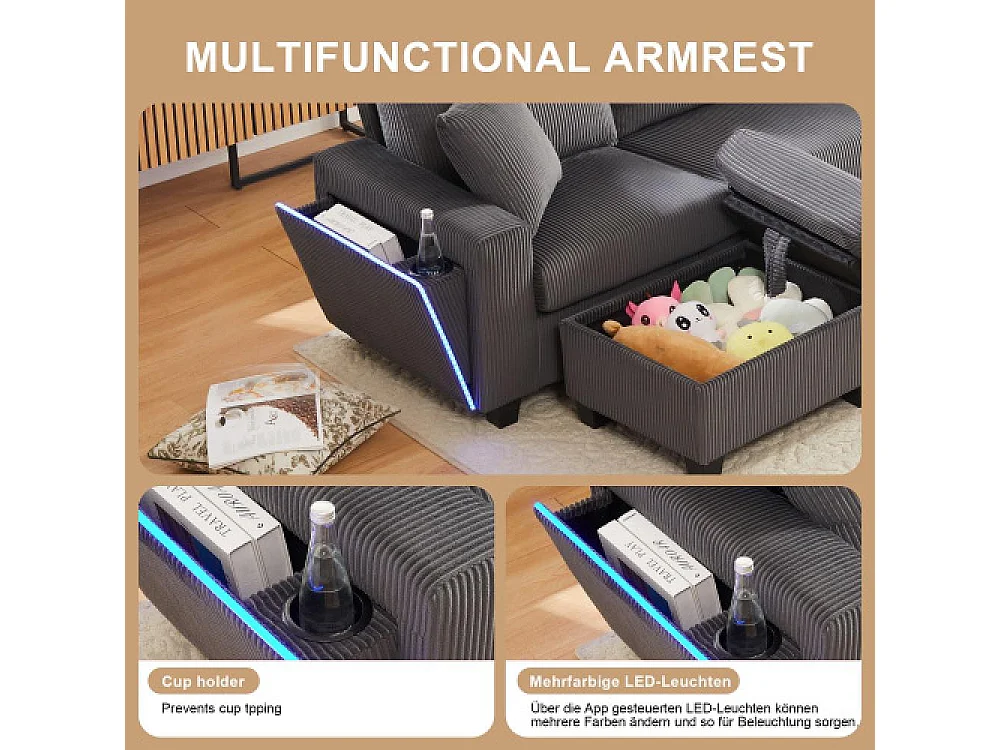 U-förmiges Samtsofa mit Ottomanen, LED, USB-/Typ-C-Anschlüssen, Leselampe und Multifunktionsspeicher