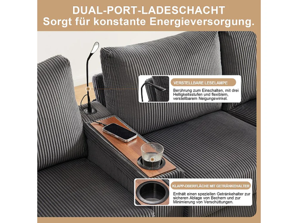 U-förmiges Samtsofa mit Ottomanen, LED, USB-/Typ-C-Anschlüssen, Leselampe und Multifunktionsspeicher
