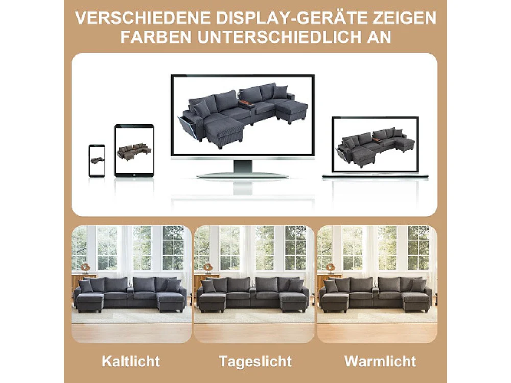 U-förmiges Samtsofa mit Ottomanen, LED, USB-/Typ-C-Anschlüssen, Leselampe und Multifunktionsspeicher
