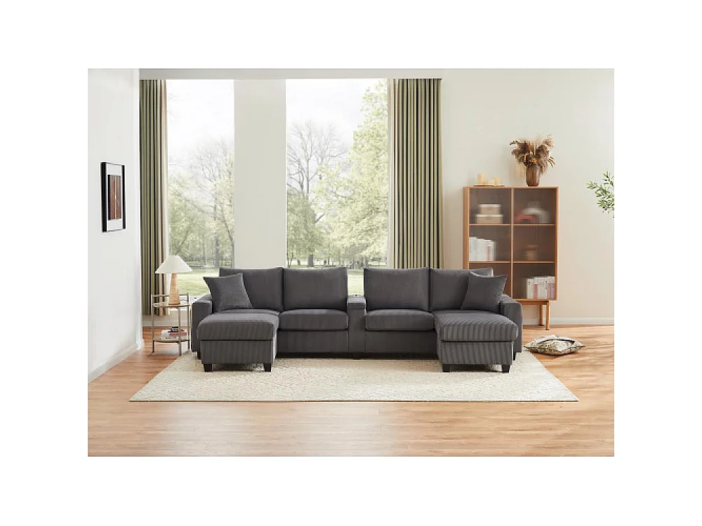 U-förmiges Samtsofa mit Ottomanen, LED, USB-/Typ-C-Anschlüssen, Leselampe und Multifunktionsspeicher
