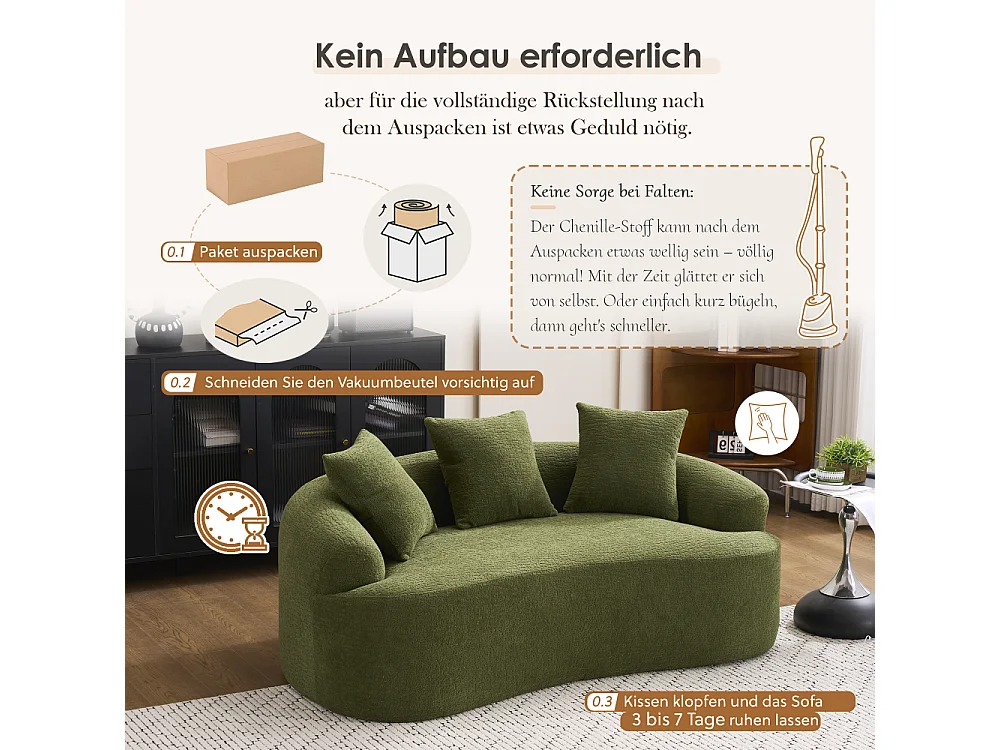 2-zits modulaire bank in zachte chenille, modern gebogen design met kussens, compact comfort