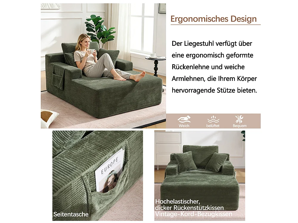 Corduroy zitbank met zachte kussens, zijzakken, schuim met hoge dichtheid en zonder montage