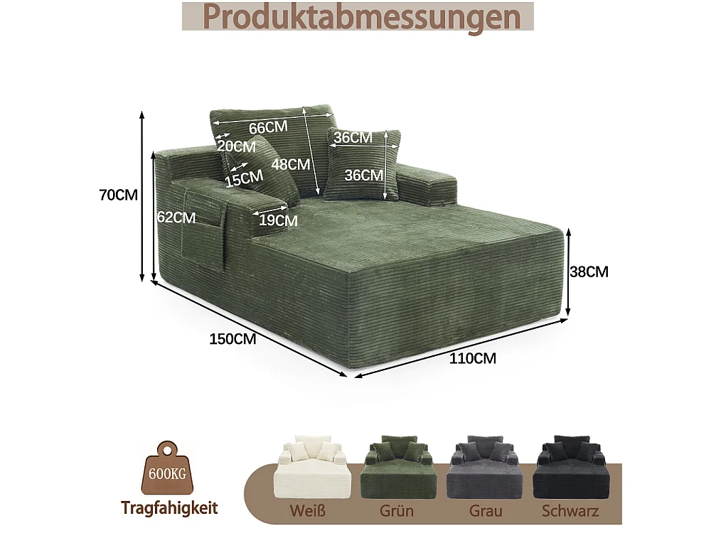 Corduroy zitbank met zachte kussens, zijzakken, schuim met hoge dichtheid en zonder montage