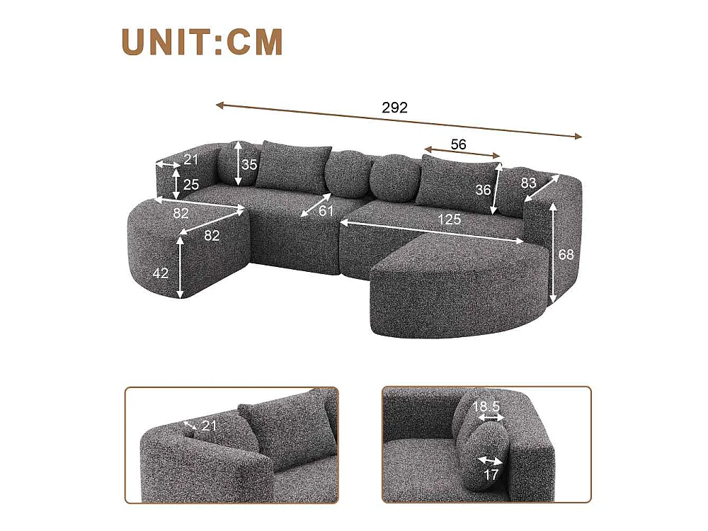 Canapé modulable convertible avec fonction lit, sensation nuage, tissu en velours, meuble flexible pour salon et chambre, 292x165x68 cm