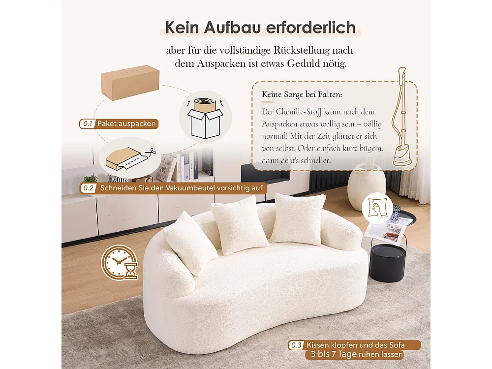 Canapé 2 Places Modulable en Chenille Douce, Design Courbé Moderne avec Coussins, Confort Compact