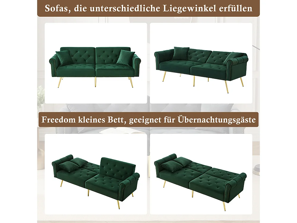 Tweezits fluwelen bank in hedendaagse stijl - verstelbare rugleuning, gouden poten, om te bouwen tot bed