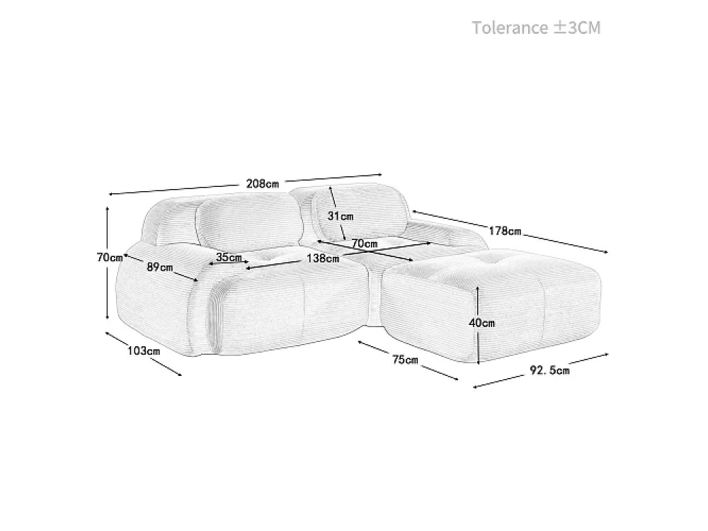 82'' modulaire zitbank van zacht corduroy, gebogen armleuningen, schuim met hoge elasticiteit, klaar voor gebruik