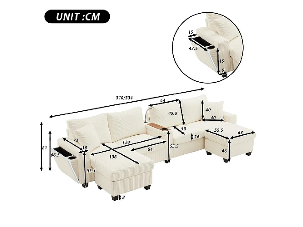 Canapé en U en velours avec poufs, LED, ports USB/Type-C, lampe de lecture et rangement multifonction