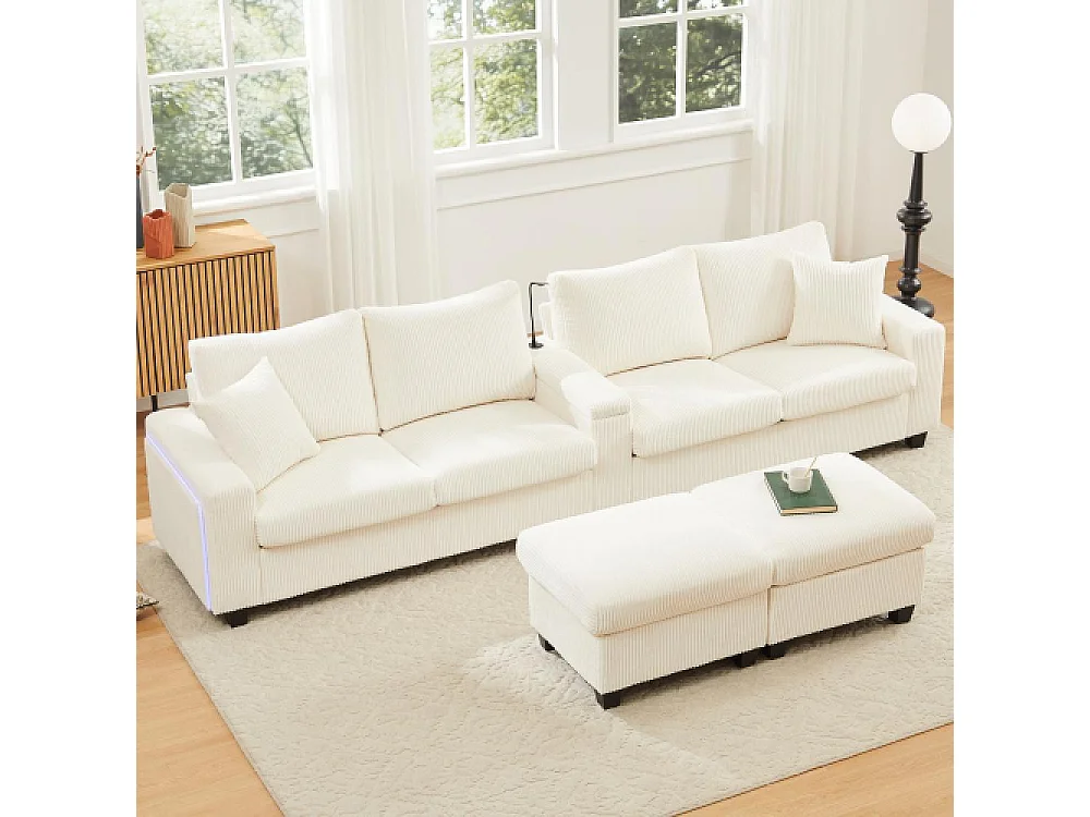 Canapé en U en velours avec poufs, LED, ports USB/Type-C, lampe de lecture et rangement multifonction