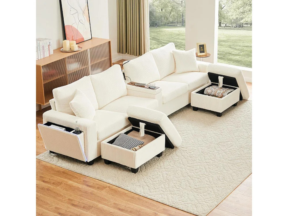 Canapé en U en velours avec poufs, LED, ports USB/Type-C, lampe de lecture et rangement multifonction