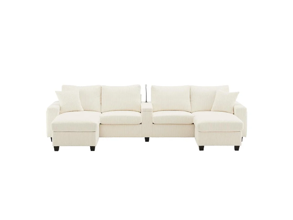 Canapé en U en velours avec poufs, LED, ports USB/Type-C, lampe de lecture et rangement multifonction