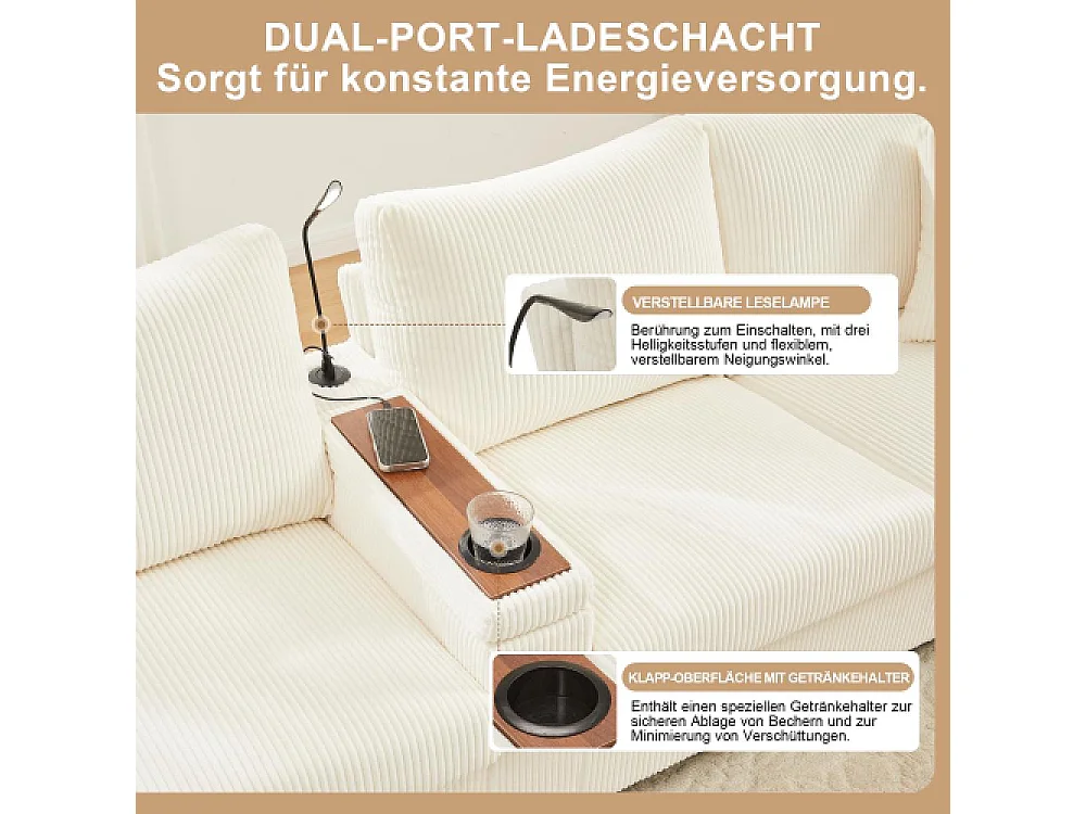 Canapé en U en velours avec poufs, LED, ports USB/Type-C, lampe de lecture et rangement multifonction