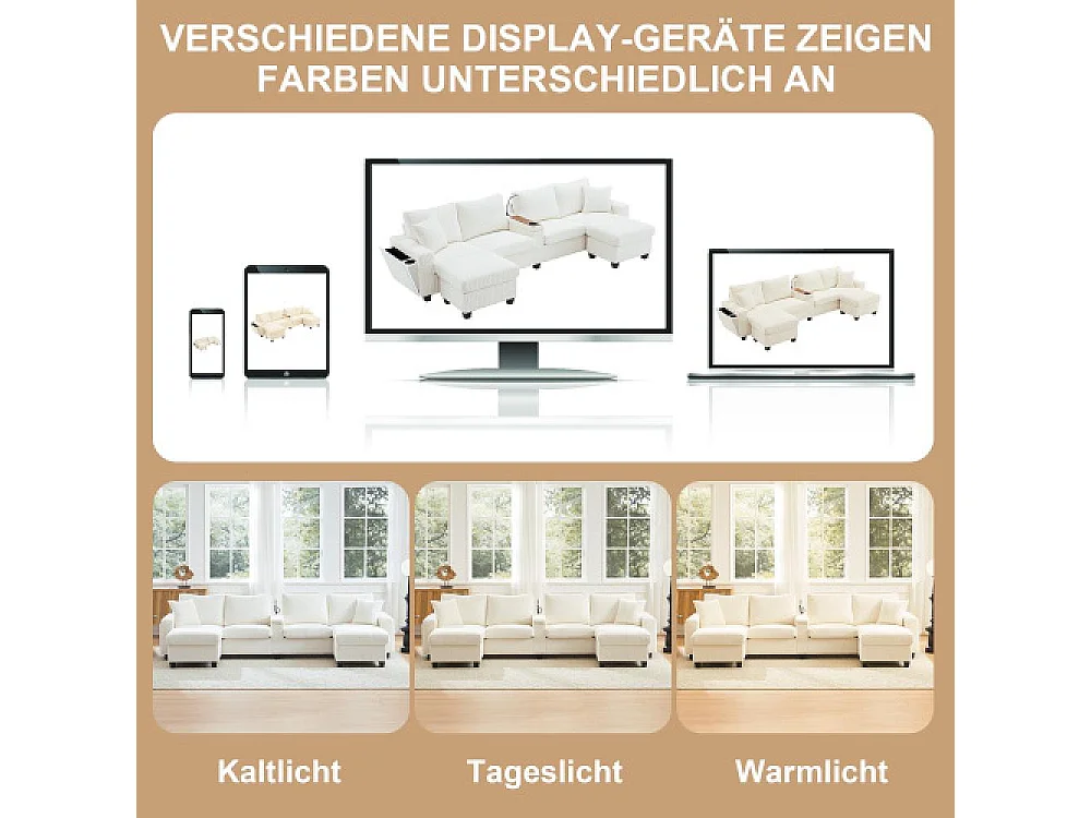 Canapé en U en velours avec poufs, LED, ports USB/Type-C, lampe de lecture et rangement multifonction
