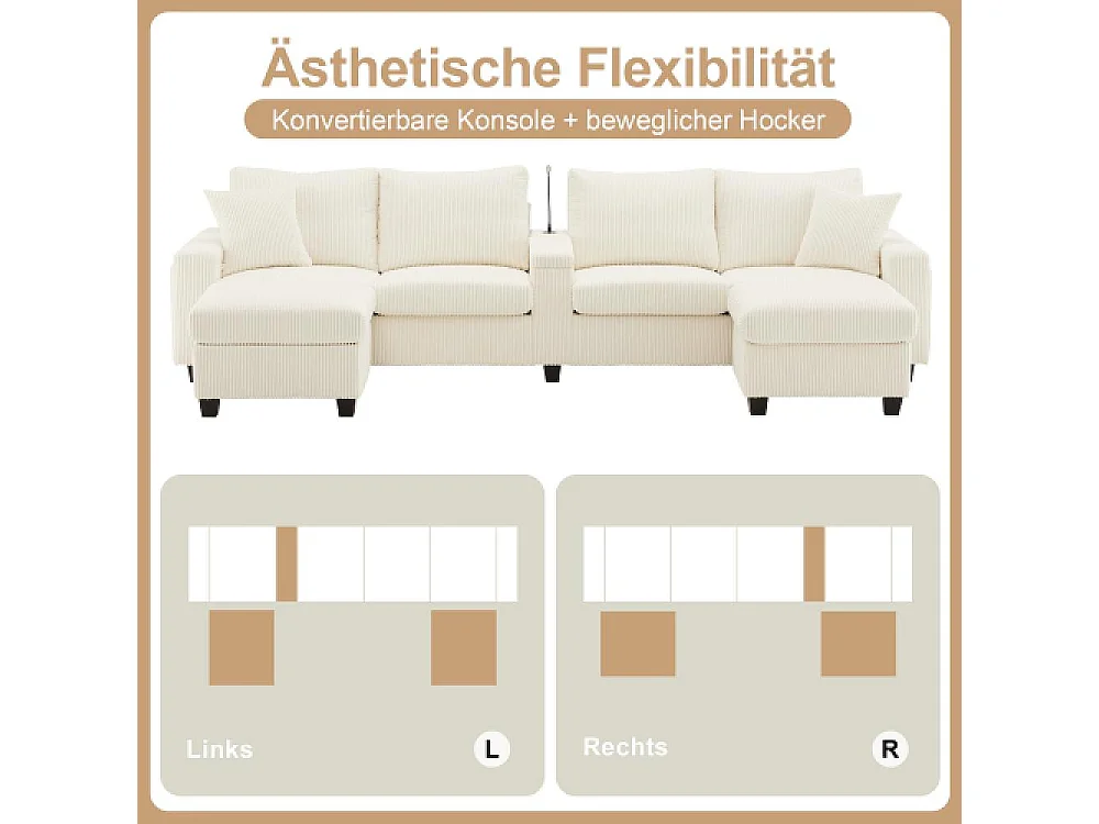 Canapé en U en velours avec poufs, LED, ports USB/Type-C, lampe de lecture et rangement multifonction