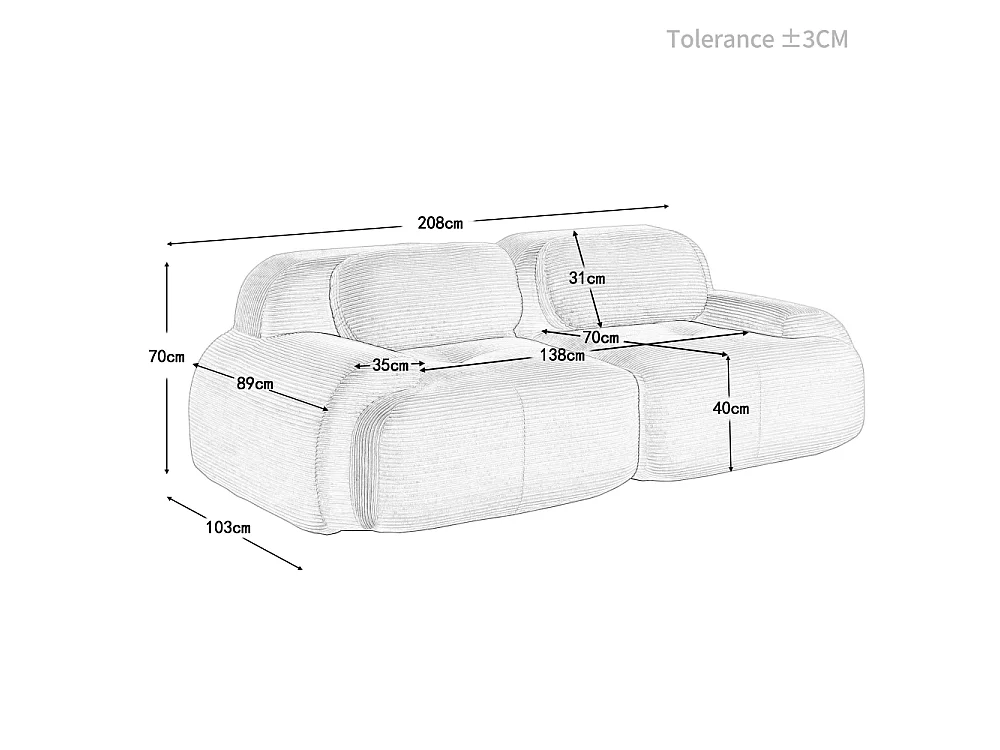Loveseat 82'' modulaire bank in corduroy, gebogen armleuningen, elastische kussens, woon- en slaapkamer