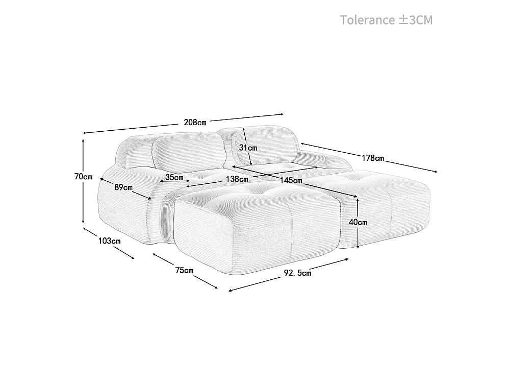 Modulaire fluwelen 2-zitsbank met chaise longue, antislip, ergonomische armleuningen