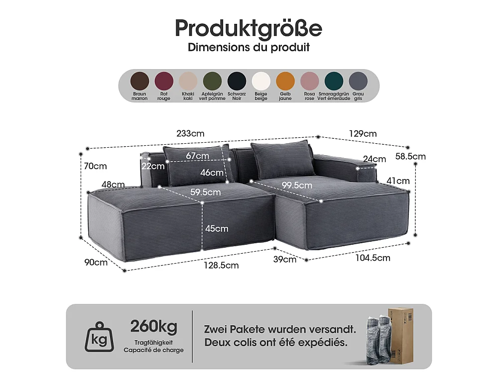 Canapé en Tissu 235 cm Compact avec Coussins et Ressorts Ensachés, Confortable et Moderne