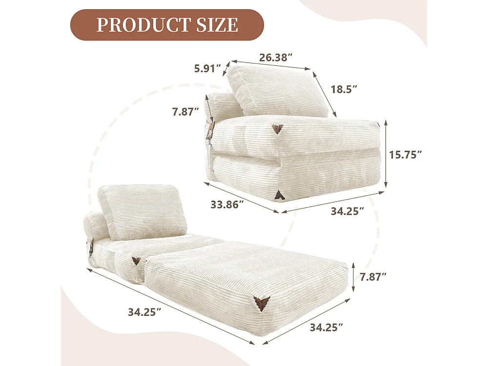 Canapé lounge 1 place moderne convertible avec rangement intégré, coussin haute résilience et pompons élégants