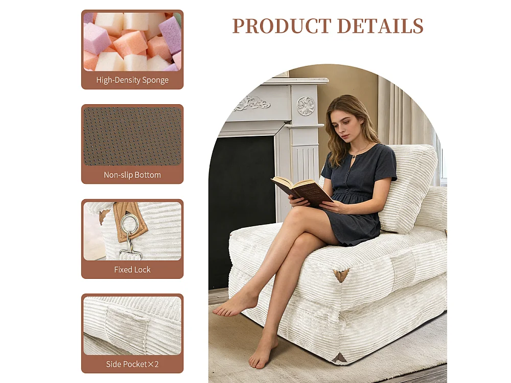 Canapé lounge 1 place moderne convertible avec rangement intégré, coussin haute résilience et pompons élégants