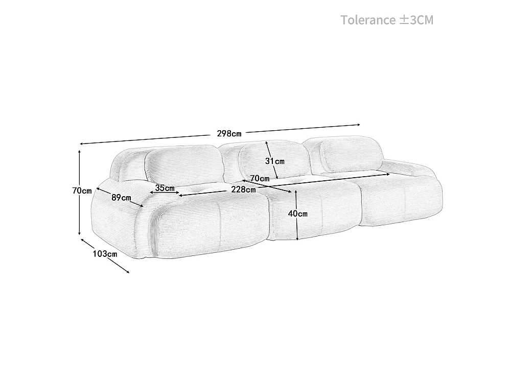 Canapé 3 places en Cordstoff Premium, modulable, accoudoirs ergonomiques