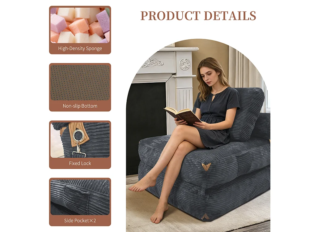 Canapé lounge 1 place moderne convertible avec rangement intégré, coussin haute résilience et pompons élégants