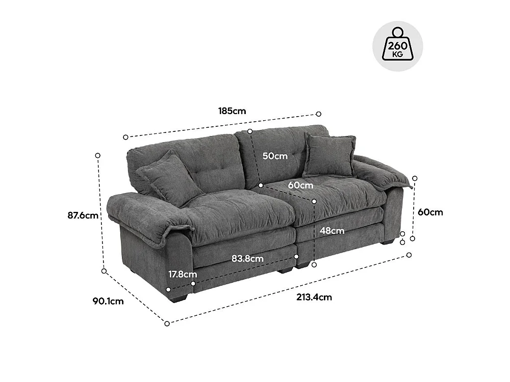 Bank van 213 cm met dubbele kussens en veren van traagschuim – Comfortabele 2-3 zitplaatsen voor kleine woonkamers