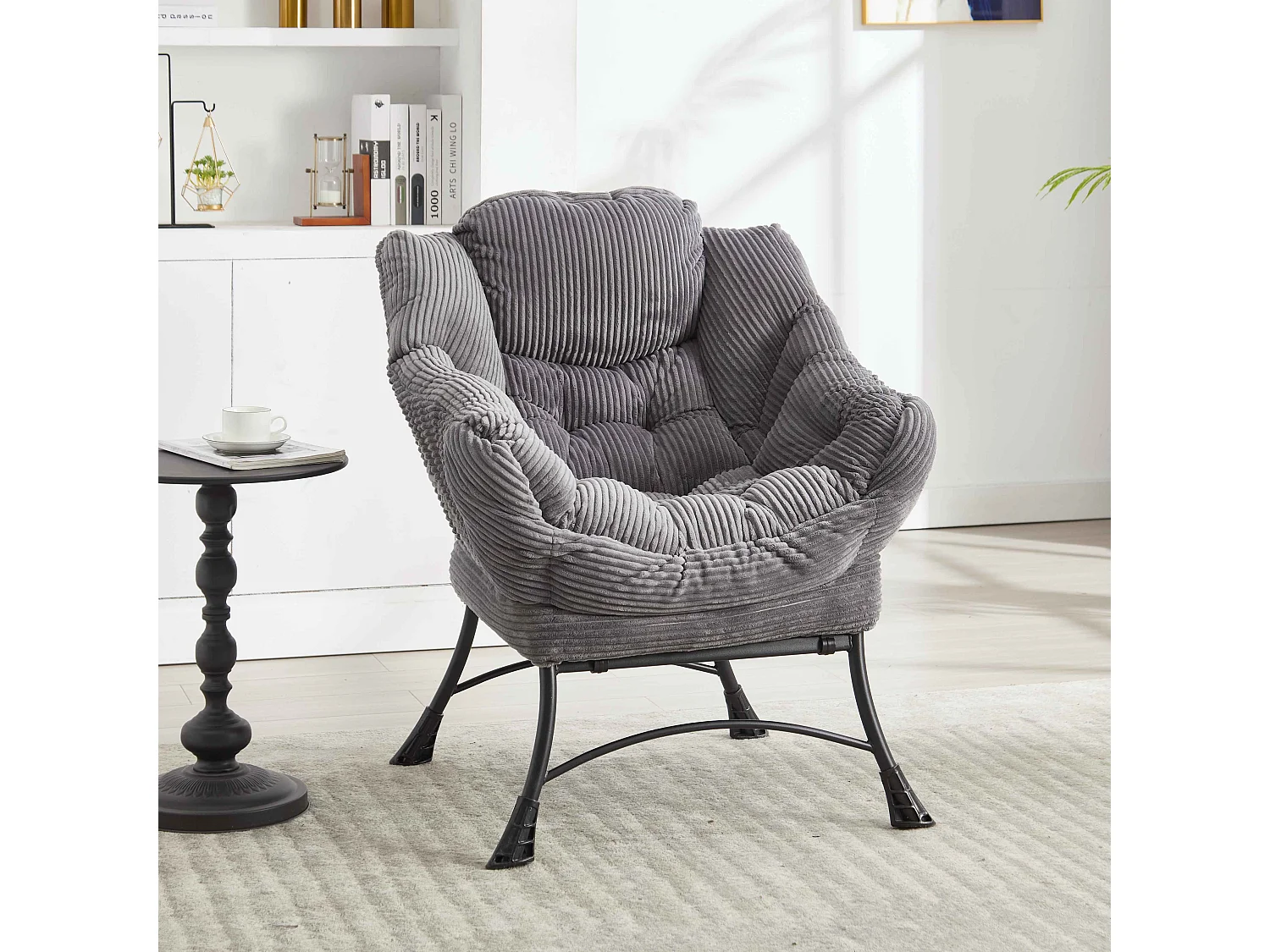 Ergonomischer Loungesessel mit Ottomane und Seitentasche, bequemer Loungesessel aus PP-Baumwolle, Entspannung und praktische Aufbewahrung, grau