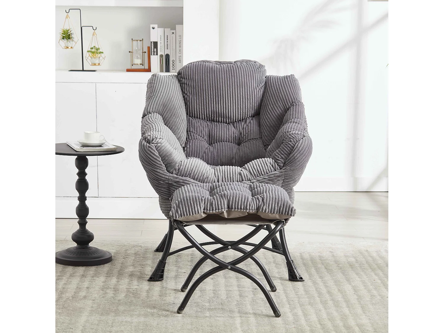 Ergonomischer Loungesessel mit Ottomane und Seitentasche, bequemer Loungesessel aus PP-Baumwolle, Entspannung und praktische Aufbewahrung, grau