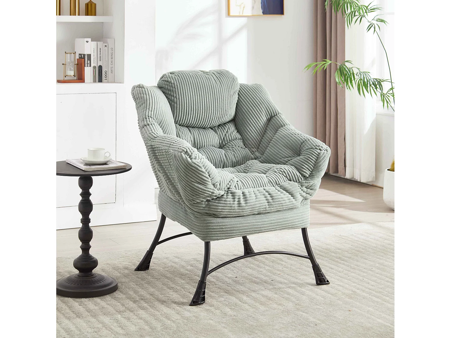 Chaise Longue Ergonomique avec Ottoman et Pochette Latérale, Fauteuil Lounge Confortable en Coton PP, Relaxation et Rangement Pratique, vert clair