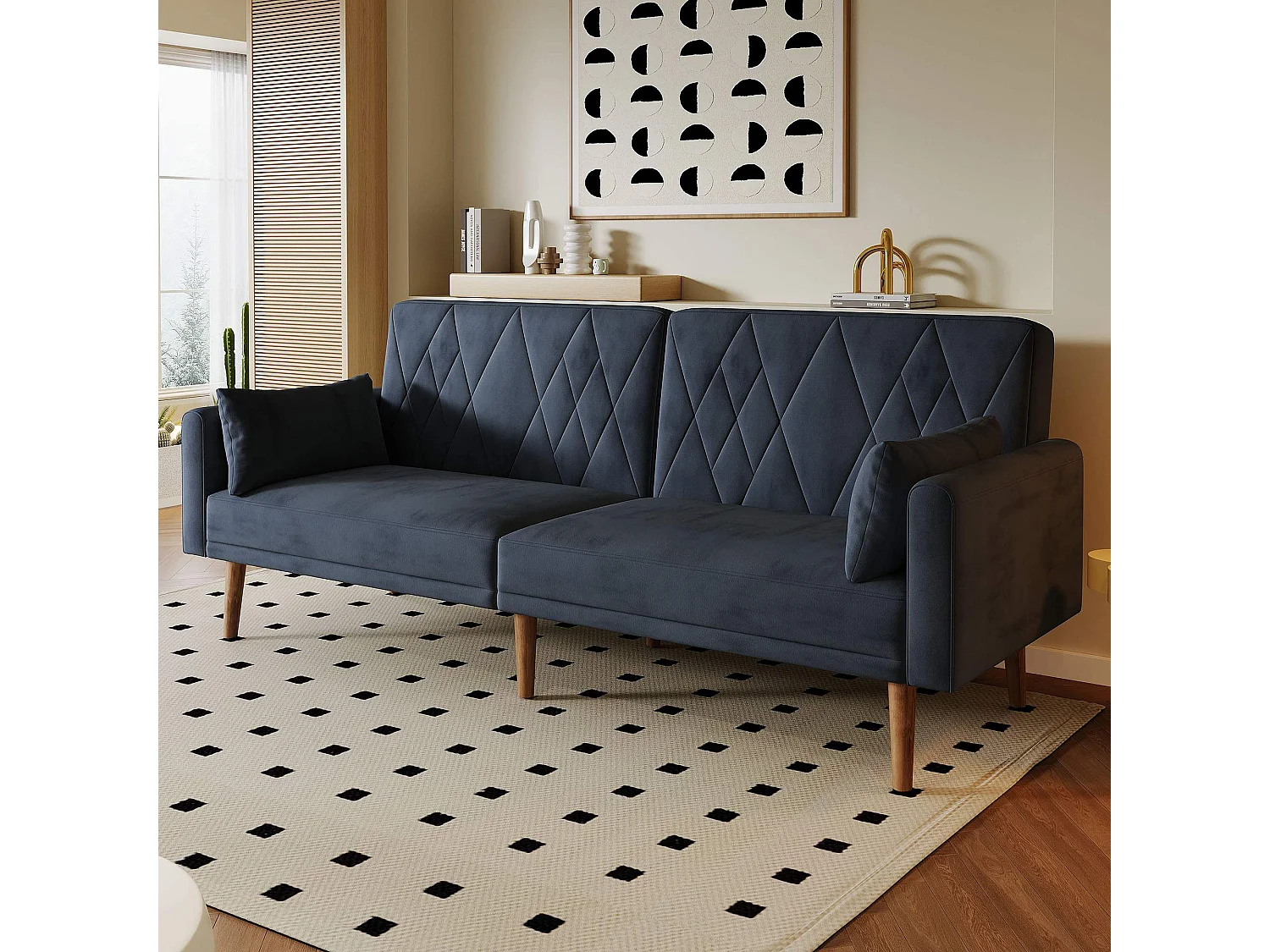 Divano trasformabile moderno in velluto con schienale e braccioli regolabili, funzione letto, ideale per salotto, camera o home cinema