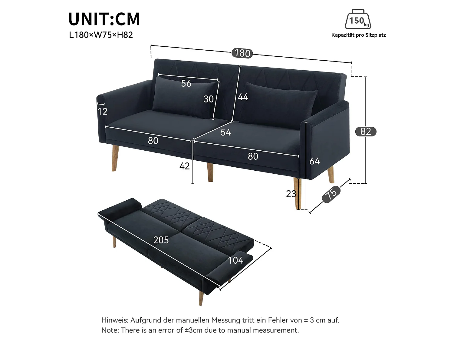 Divano trasformabile moderno in velluto con schienale e braccioli regolabili, funzione letto, ideale per salotto, camera o home cinema