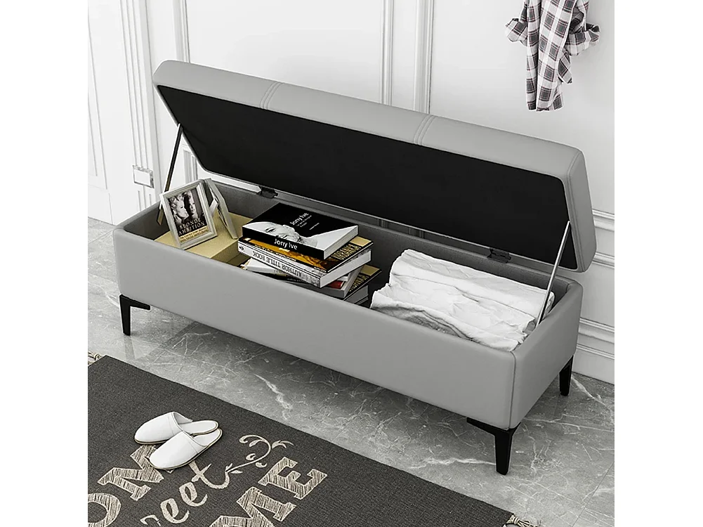 Cassapanca Contenitore Ecopelle Panca Pouf con Piedini in Metallo Grigio Chiaro