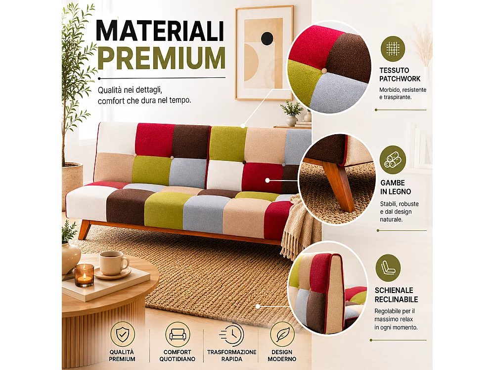 Divano Letto in Tessuto Patchwork Imbottito Gambe in Legno Schienale Reclinabile