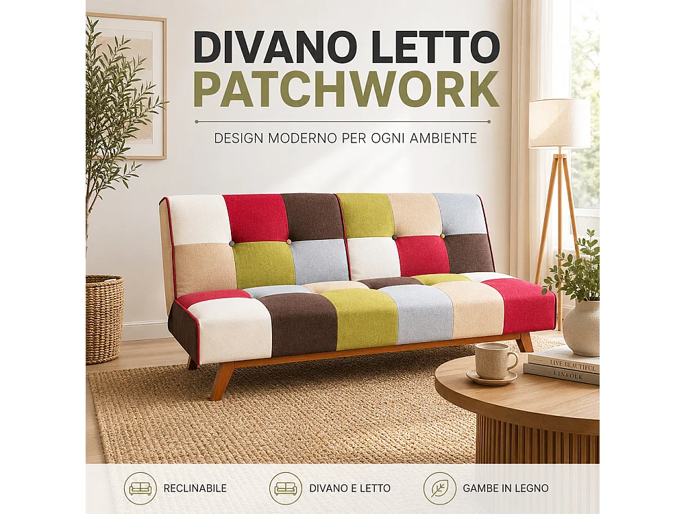 Divano Letto in Tessuto Patchwork Imbottito Gambe in Legno Schienale Reclinabile