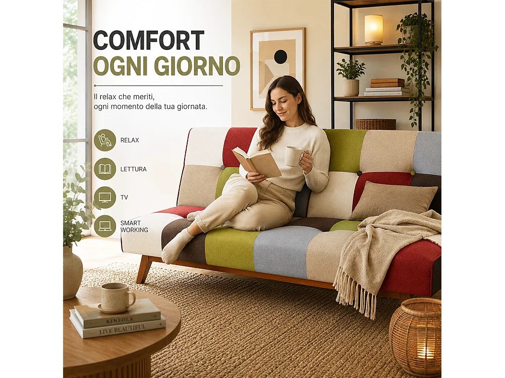 Divano Letto in Tessuto Patchwork Imbottito Gambe in Legno Schienale Reclinabile