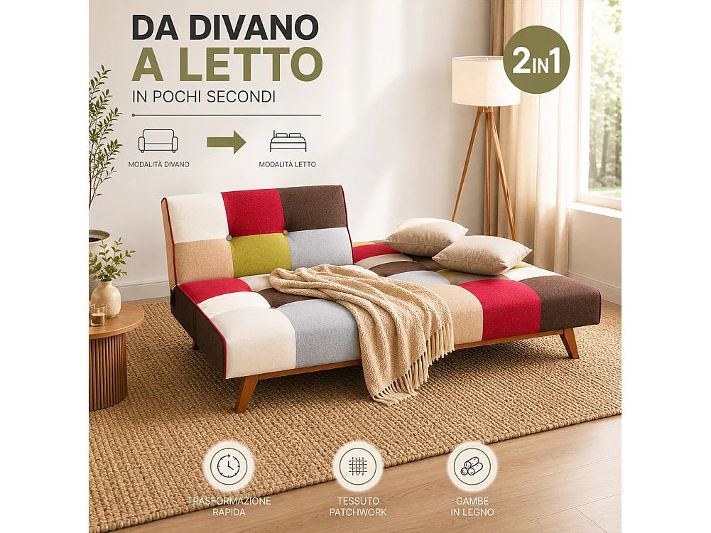 Divano Letto in Tessuto Patchwork Imbottito Gambe in Legno Schienale Reclinabile