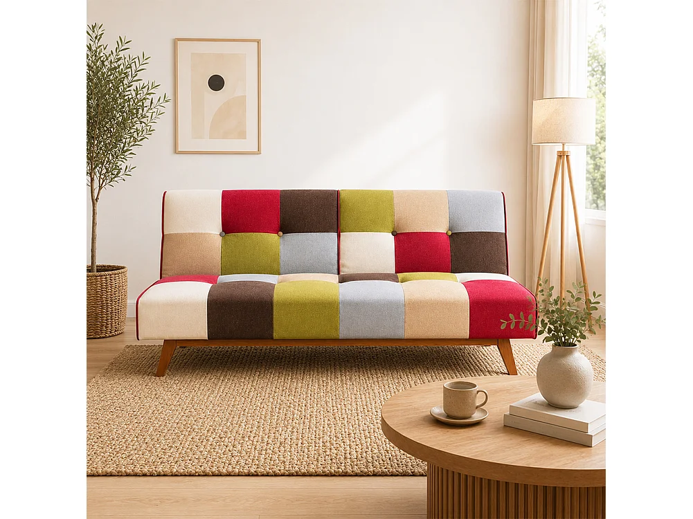 Divano Letto in Tessuto Patchwork Imbottito Gambe in Legno Schienale Reclinabile