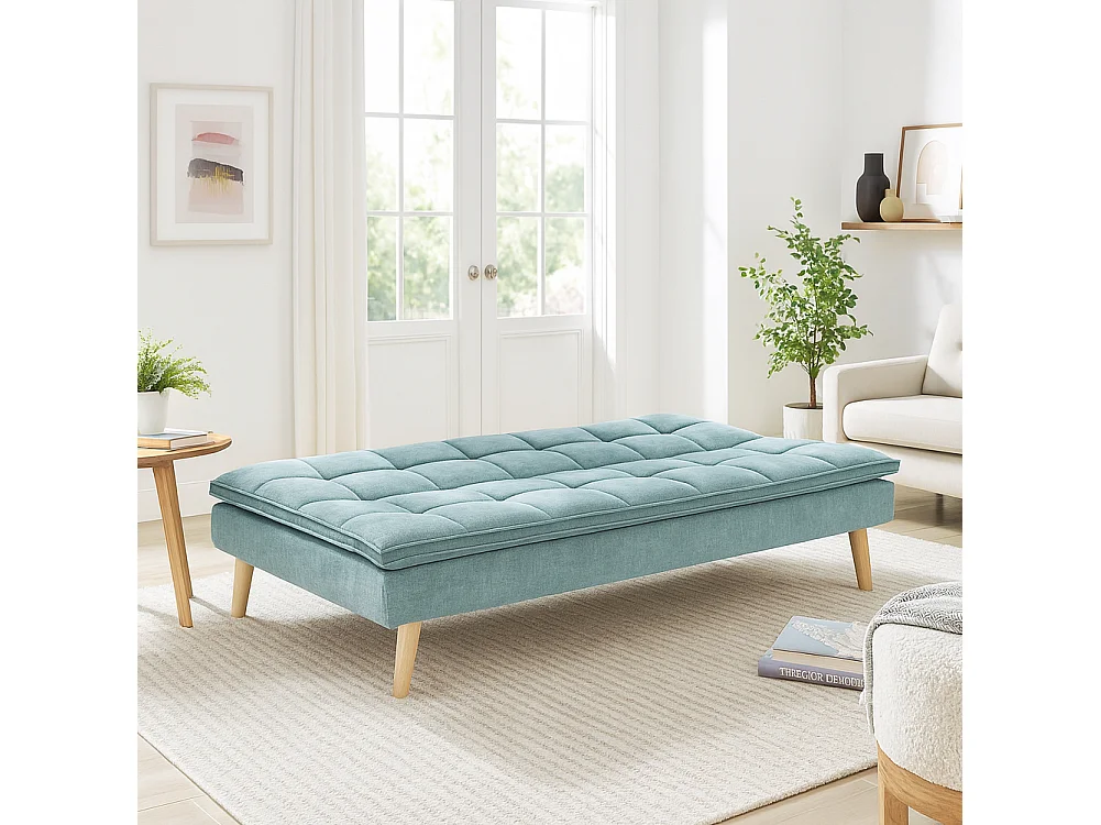 Divano Letto Reclinabile 3 Posti Ergonomico in Tessuto Celeste con Gambe Legno