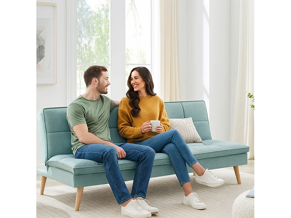 Divano Letto Reclinabile 3 Posti Ergonomico in Tessuto Celeste con Gambe Legno