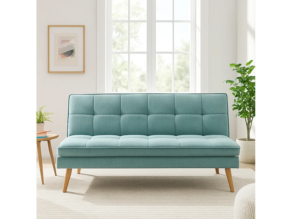 Divano Letto Reclinabile 3 Posti Ergonomico in Tessuto Celeste con Gambe Legno