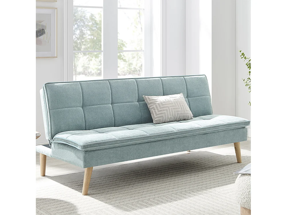 Divano Letto Reclinabile 3 Posti Ergonomico in Tessuto Celeste con Gambe Legno
