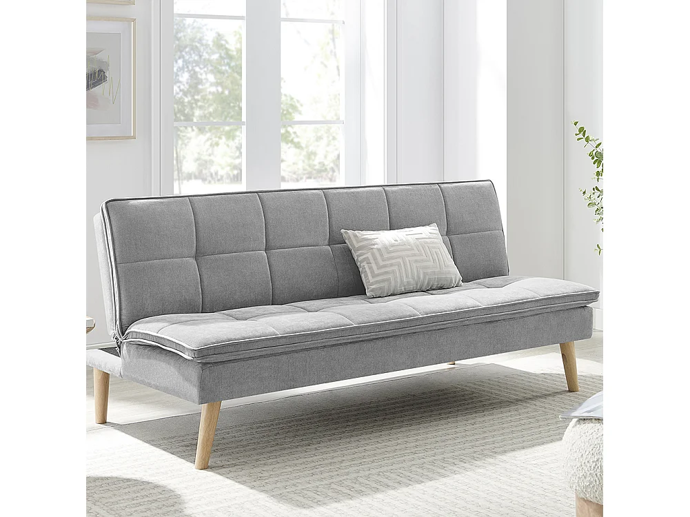 Divano Letto Reclinabile 3 Posti Ergonomico in Tessuto Grigio con Gambe in Legno