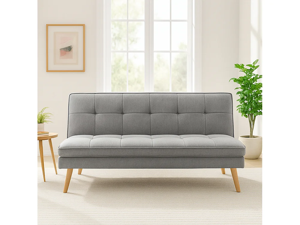 Divano Letto Reclinabile 3 Posti Ergonomico in Tessuto Grigio con Gambe in Legno