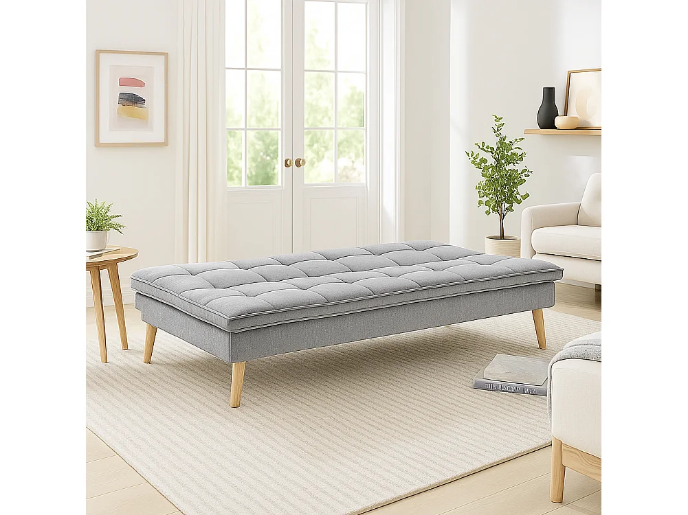 Divano Letto Reclinabile 3 Posti Ergonomico in Tessuto Grigio con Gambe in Legno